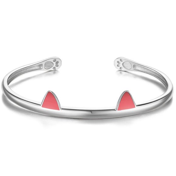 Adorable Cat Kitten Pink Ears 925 Sterling Silver Bangle Bracelet Cute Paw Cuff - Picture 1 of 4
